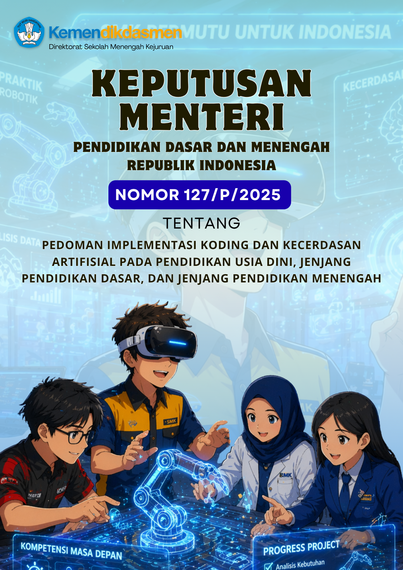 KEPUTUSAN MENTERI PENDIDIKAN DASAR DAN MENENGAH REPUBLIK INDONESIA NOMOR 127/P/2025 TENTANG PEDOMAN IMPLEMENTASI KODING DAN KECERDASAN ARTIFISIAL PADA PENDIDIKAN ANAK USIA DINI, JENJANG PENDIDIKAN DASAR, DAN JENJANG PENDIDIKAN MENENGAH